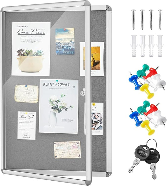 Geetery Enclosed Fabric Bulletin Board Tamperproof Lockable Noticeboard Fabric&Aluminium Frame Display Cases Wall-Mounted Display Case for School, Office - Secure,Durable Design(36 x 24 Inch,Gray)