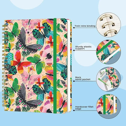 Spiral Notebook - A5 Spiral Notebooks, 8.3'' × 5.8'', 160 Pages, Aesthetic Journaling Notebooks for Women, College Lined Notebook with Elastic Closure, Back Pocket, for School Office, Butterfly Pink