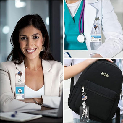 4th of July Patriotic Badge Reels Retractable with 360 Degrees Rotate Carabiner Clip Heavy Duty, American Flag ID Badge Holder Lanyard, Nurse Doctor Office Teacher School Supplies Gifts