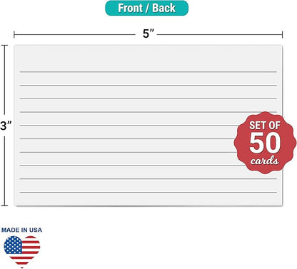 321Done Ruled Index Cards - Made in USA - Small 3x5 Horizontal (Set of 50), Narrow Ruled Lined Notecards Double-Sided, Thick Heavy Duty Cardstock, Simple Note Cards with Lines, White
