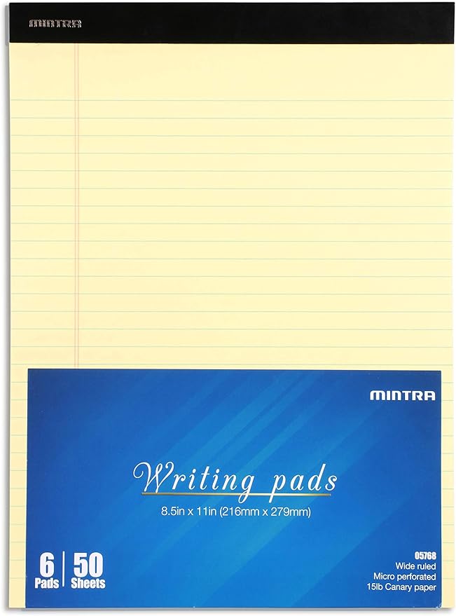 Mintra Office Legal Pads, ((xBasic, 8.5in x 11in, Wide (Canary), 36pk (6-6pks)), Wide Ruled, 50 Sheets per Notepad, Micro perforated Writing Pad, Notebook Paper for School, College, Office, Work