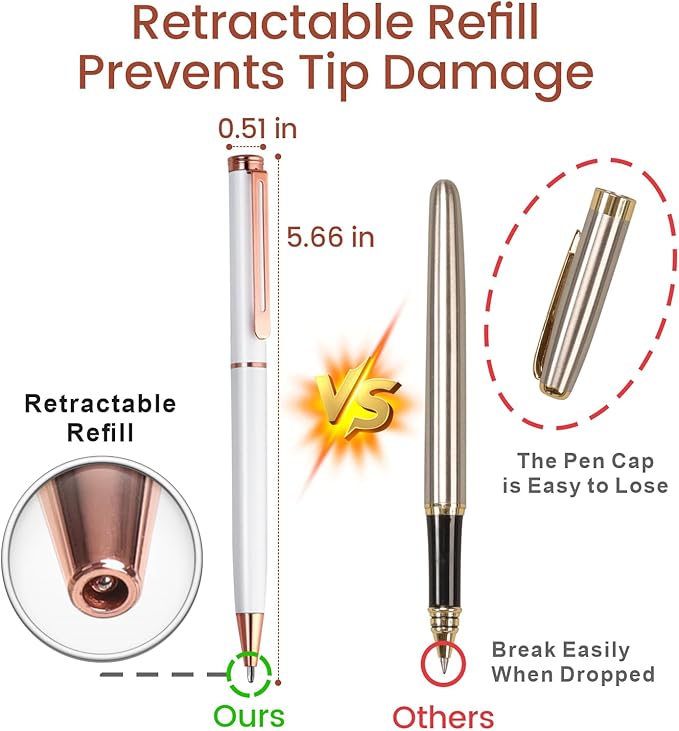 Cambond Ballpoint Pens White Pen - Fancy Pens Black Ink 1.0 mm Medium Point Retractable Metal Pen Smooth Writing for Men Women Police Uniform Office Business, 3 Pens with 6 Refills (White)