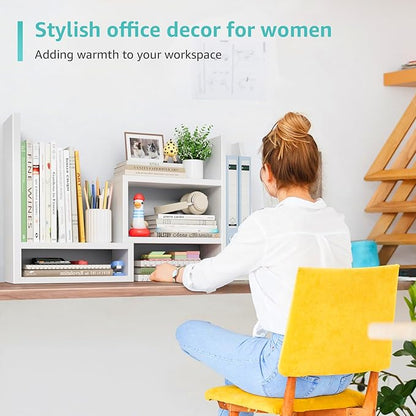 Desktop File Organizer Desk Organizer Shelf - White Office Organization Shelves for Top of Desk Organizers and Accessories Corner Bookshelf Table Top Shelving Small Hutch Decorations for Women Office