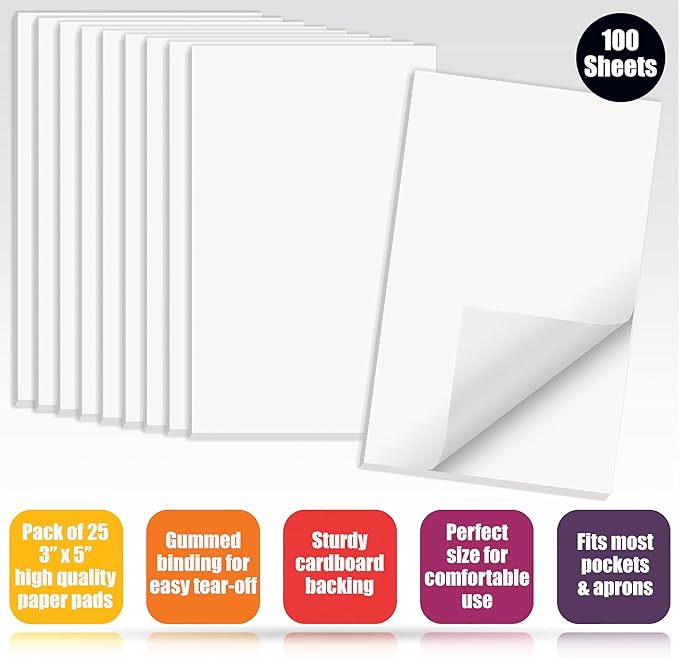Better Office Products Blank Scratch Note Pads, 3" x 5", Server Notepads, 100 Sheets per Pad, Memo Pads, Gummed Binding for Easy Tear-off (25 Pack)