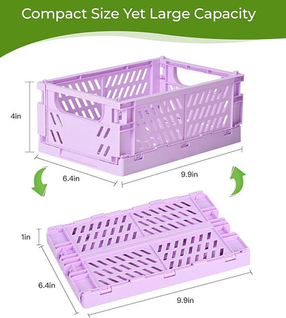 2-Pack Small Pastel Plastic Storage Baskets, Collapsible Crates for Organizing, Space-Saving Mini Bins for Classroom, Kitchen, Office, Bedroom (Purple, 9.8" x 6.5" x 3.8")