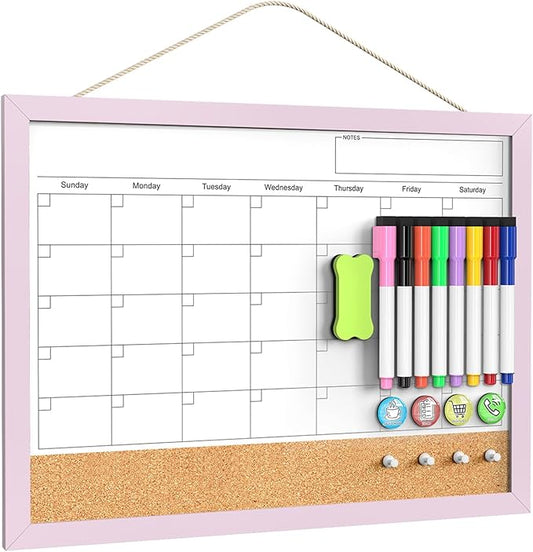 Dry Erase Calendar Cork Board Combo, 17"x13" Calendar Whiteboard for Wall, Magnetic White Board Monthly Calendar with Pink Wood Framed, Dry Erase Board for Planner Office Kitchen Home Memo