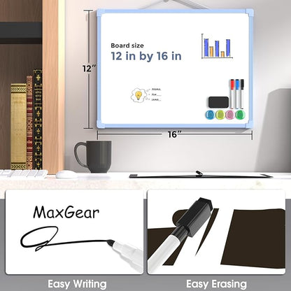 MaxGear Double-Sided Dry Erase Board for Wall, 16"x12" Hanging Whiteboard, Small Dry Erase White Board kit, Portable Whiteboard for Students - Planning, Drawing, Memo, to Do List, Blue Frame