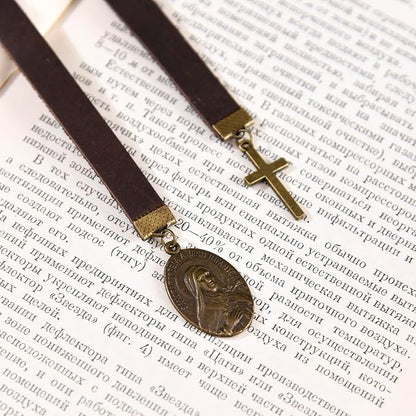 Bookmark, Sancta Teresia a Iesu Infante Bookmarks, with Long Leather Strap, Handmade Vintage Cross Prayer Book Mark, Ideal Catholic Gift (Style 9)