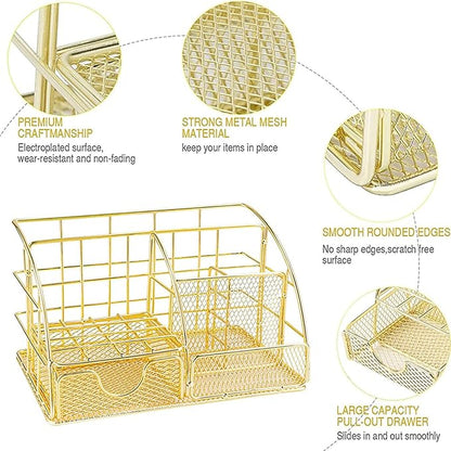 JUOPIEA Desk Organizers and Accessories Office Supplies Organizer with Pen Holder, 72 Clips Set and Phone Stand, Metal Mesh Desktop Organizers with Drawer for Home, Office, School Ect (Gold)