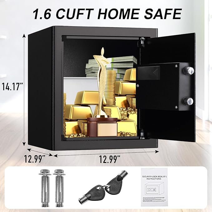 Tenamic Fireproof Safe Box 1.6 Cuft Electronic Digital Security Box, Keypad Medium Lock Box Cabinet Safes with Internal Light, Solid Alloy Steel Office Hotel Home Safe with 2 Passwords, Black