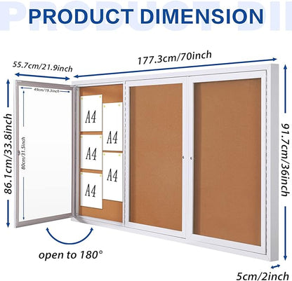 SWANCROWN Weather Resistant Enclosed Bulletin Board Cork Displays Case Wall Mounted Notice Cabinet with Three Lockable Doors, 70x36 inches