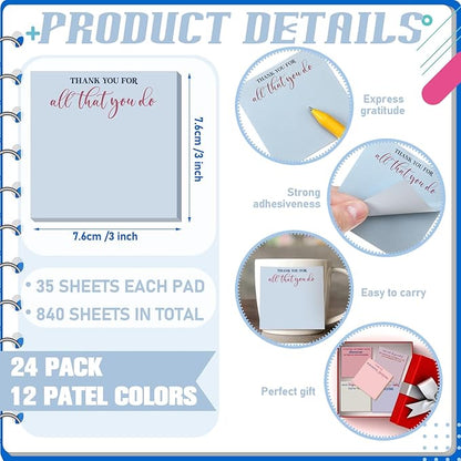 Yinder 24 Pcs Employee Appreciation Sticky Notes Thank You Gifts Bulk Note Pads with Sayings Teacher Gift Mini Pocket Inspirational Notepads for Coworker Office Supply 3 x 3''(Aesthetics,Thanks)