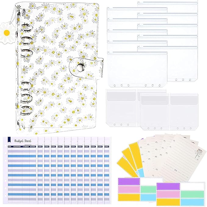 36 Pieces A6 Binder PVC Cover with 10 Clear Binder Pockets, Waterproof 6-Ring Budget Binder Envelopes System Budget Planner Organizer, Budget Sheets & Card Bags & Papers & Label for Cash Envelopes