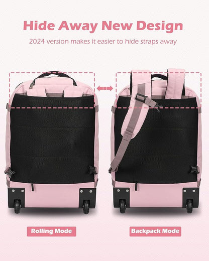 Hynes Eagle Rolling Backpack 42L Backpack with Wheels Airline Approved Carry on Luggage Laptop Travel Backpack for Women Men Pink
