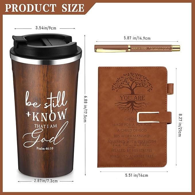 Pickmesh 3 Pcs Christian Gift for Men Man of God Gift Bible Verse A5 Leather Journal with Ballpoint Pen 17 oz Stainless Steel Tumbler Easter Gift Baskets for Father's Day Pastor Birthday Church(Brown)