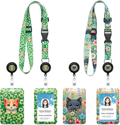 2 Pack Cute Cat Lanyards Badge Holder, Adjustable Lanyard with Retractable Badge Reel, Adorable ID Badge Holder for Teachers, Nurses, Students, Office Staff & Cat Lovers