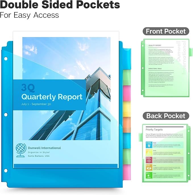 Dunwell 2-Pocket 8-Tab Divider Pockets, (3 Sets, 24 Count), 5 Colors, Plastic 8 Subject Notebook Tab Dividers for 3-Ring Binders, Includes Label Inserts, Durable Acid-Free Poly