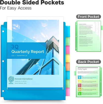 Dunwell 2-Pocket 8-Tab Divider Pockets, (3 Sets, 24 Count), 5 Colors, Plastic 8 Subject Notebook Tab Dividers for 3-Ring Binders, Includes Label Inserts, Durable Acid-Free Poly