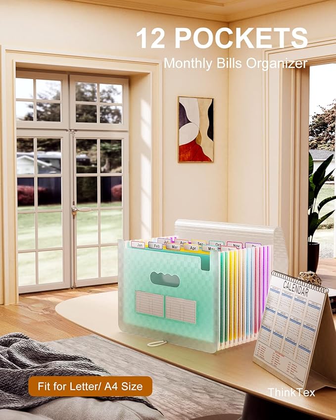 ThinkTex Accordian File Organizer, 12 Pockets Expanding File Folders, Portable Monthly Bill Receipt Organizer, Colorful Tabs, Letter/A4 Size - Green