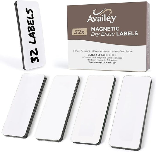 Availey 32 Pieces (4 x 1.8") - White Magnetic Dry Erase Labels - Reusable Strips for Classroom Home Office Garage Refrigerator - Blank Writable Erasable Cards - Name Tags Students Locker Shelf