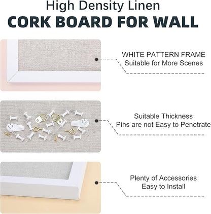 OWLKELA 24'' x 36'' Linen Bulletin Board, White Framed Corkboard, White Oak Frame Linen Cork Board, Vision Board and Decorative Hanging Pin Board