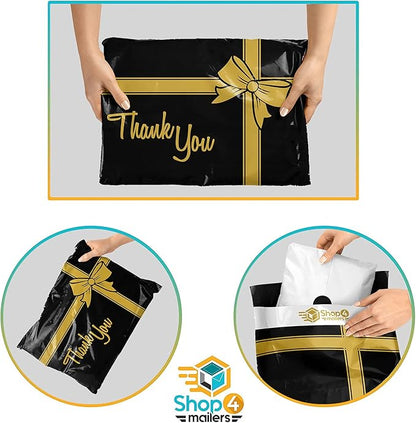 Shop4Mailers 10 x 13 Thank You Christmas Gift with Bow Black and Gold Holiday Poly Bag Mailer Envelopes 2 Mil (100 Pack, Black Gift)