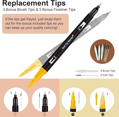 Dual Brush Marker Pens, 72 Colors Art Markers Set with Fine and Brush Tip for Kids Adult Coloring Book Bullet Journaling Note Taking Planner Hand Lettering Calligraphy Drawing Art Supplies Kit