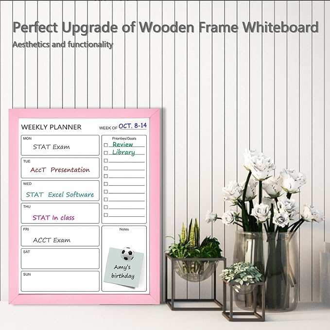 Dry Erase White Board Weekly Calendar Board, Magnetic Whiteboard for Wall,13“x17 Solid Wood Pink Framed Message Board, Planner Board for Office, Home, School(Weekly-BB-PK-3343)
