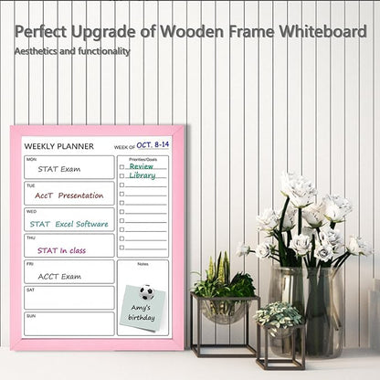 Dry Erase White Board Weekly Calendar Board, Magnetic Whiteboard for Wall,13“x17 Solid Wood Pink Framed Message Board, Planner Board for Office, Home, School(Weekly-BB-PK-3343)