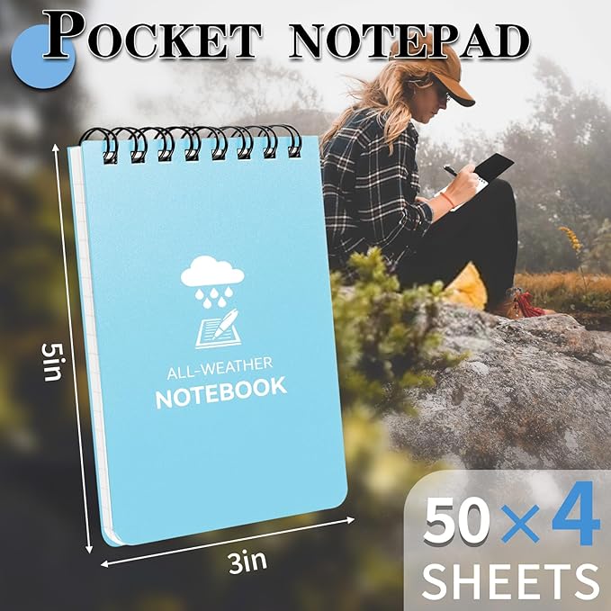 Waterproof Notebook, 4 Pack Top-Spiral Pocket Notepad, 3" x 5" Weatherproof NotePad, All Weather Police Pocket Notebook Little Memo Steno Note Pads for Outdoor Office School Recording, Black