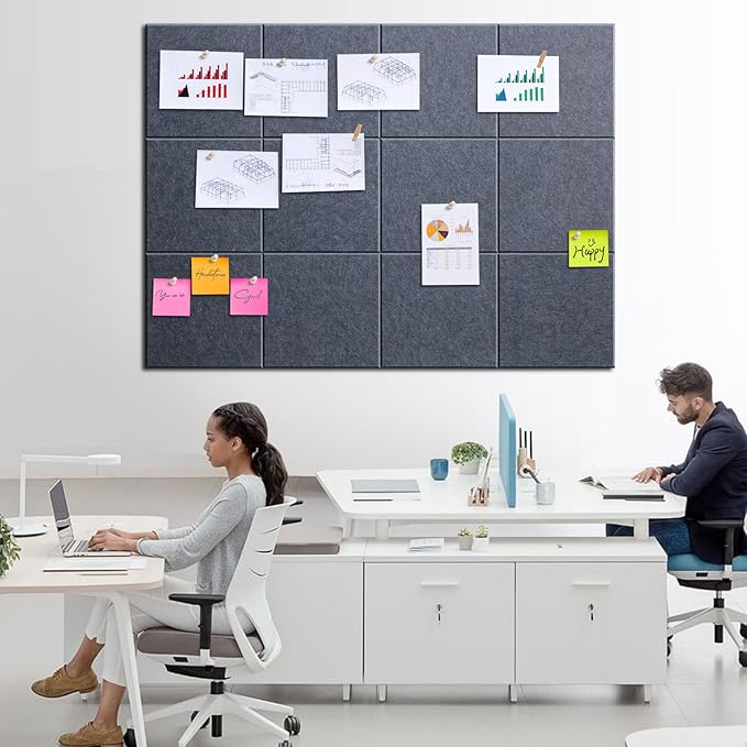 Large Cork Bulletin Board - 48" x 36" Cork Board for Walls - 12 Pack Felt Wall Tiles with Safe Removable Adhesive Tabs - Bulletinboard for Office & School & Home Decor - Drak Grey