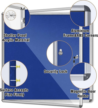 38"x38" Enclosed Bulletin Board, Lockable Weather-Resistant Aluminum Cork Noticeboard for School & Office, Silver Frame w/Blue Flet