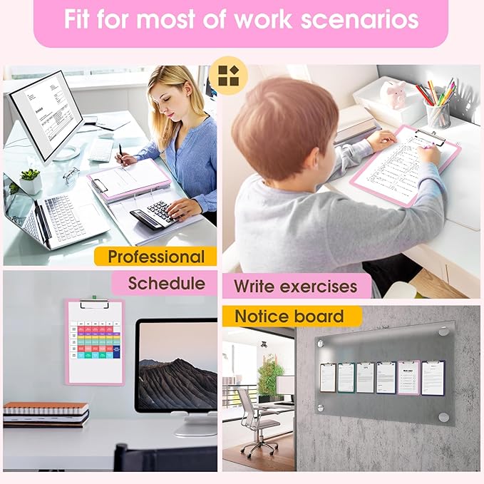Plastic Clipboards 2 Pack, A4 Pink Clip Board 8.5x11 for Classroom, Students, Kid, Woman, Size 9" x 12.5" with Low Profile Clip, Office & School Supply