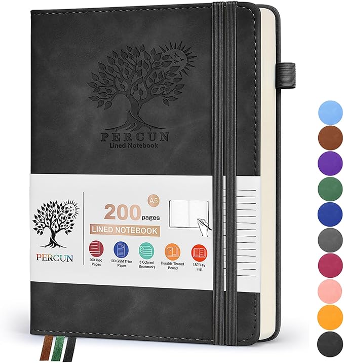 Lined Journal Notebook for Women and Men,Hardcover Leather Journaling Notebook for Writing, Travel, Business, Work and School,200 Pages A5 Notebook for Note Taking, Diary 5.9" × 8.5" - Black