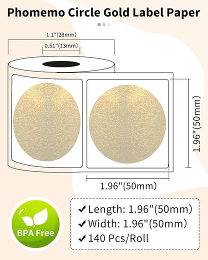Phomemo Labels-Gold Sticker Circle Thermal Label Compatible with M110/M220/M100/M150/M250/M120/M200/M221 Label Maker, Black on Golden, 1.96"x1.96"(50x50mm)