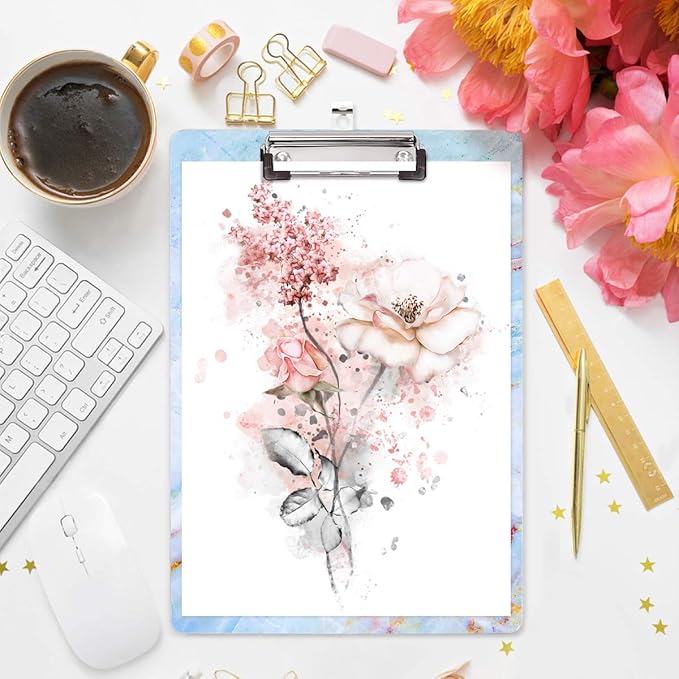 Clipboard, Decorative Marble Clipboard, Designed Clipboard, WAVEYU Cute Hardboard Office Clipboard with Low Profile Clip for Students Classroom School and Office Use, Blue (12.5"x9")