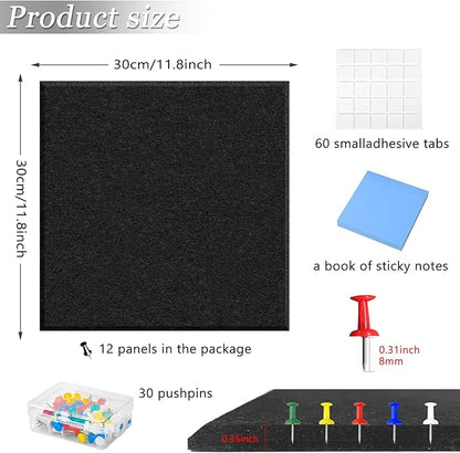 Large Cork Board Alternative for Walls, 47"x35" 12 Pack Felt Wall Tiles Bulletin Board with 30 Push Pins, Sticky Notes, Cork Boards for Office Pin Board Tack Board Felt Boards (Black)