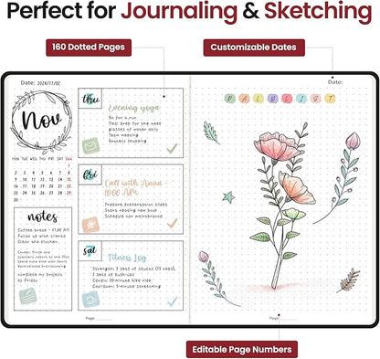 Bullet Dotted Journal Notebook for Women & Men, Hardcover Leather Journal for Writing, A5 Bullet Journaling Notebook for Work & Sketching, Perfect for Office School Home Supplies, 160 Pages, Black