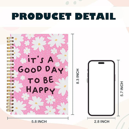 BearCake It's A Good Day To Be Happy Inspirational Notebooks, Cute Notebooks, Pink Aesthetic Notebook, Floral Notebook, Pink Office Supplies, Hardcover Spiral Notebook 5.5x8.3