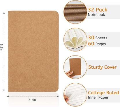 32PCS Mini Notebooks Bulk, 3.5" x 5.5", Brown, 60 Pages Lined Paper Small Pocket Notebook Set, Mini Journal Memo Notepads for Kids, Students, Traveler, School Office Supplies