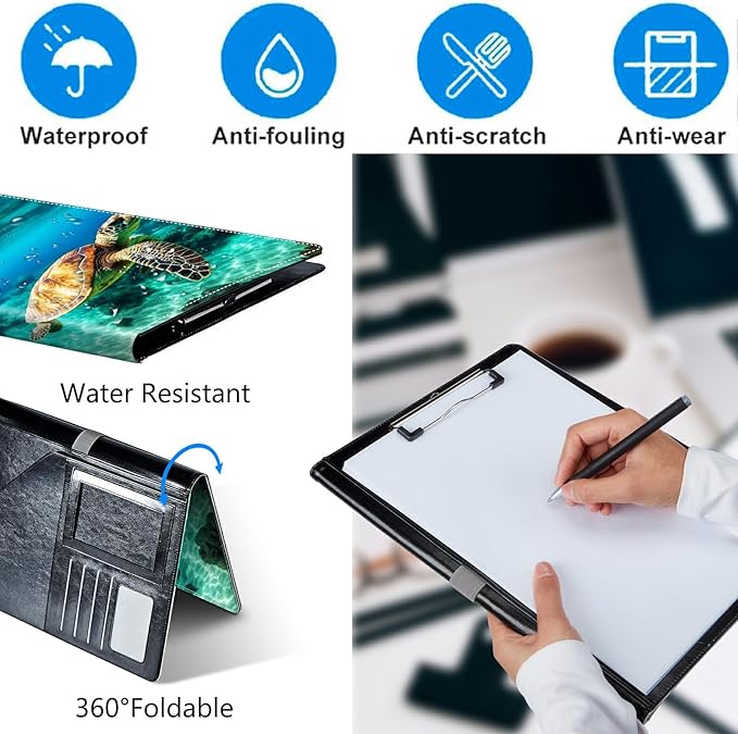 Sea Turtle Padfolio Folder with Clipboard,Portfolios Organizer Clipboards with Storage Clipboard Writing Pad PU Leather Conference Document Organizer with Business Card Holder