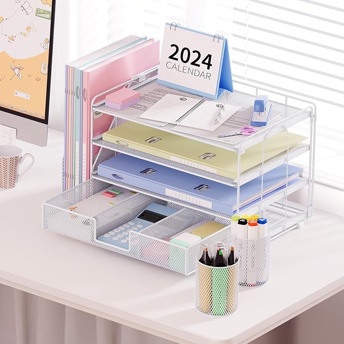 Desk Organizers and Accessories, Desk Accessories & Workspace Organizers for Office Supplies, File Organizer Desk Drawer Organizer with 2 Pen Holders, 4 Tier Paper Organizer for Desk(White)