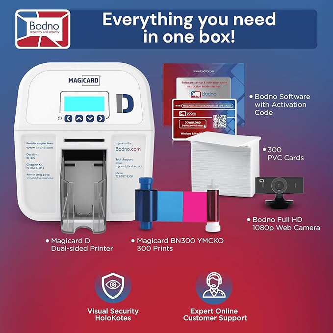 Bodno Magicard D Dual Sided ID Card Printer & Complete Supplies Package ID Software - Bronze Edition