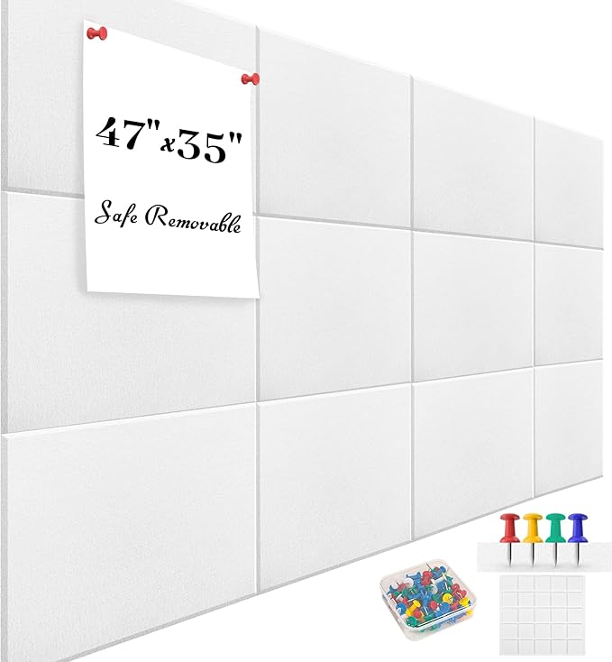 Large Office Cork Board Alternative - 47"x35"12 Pack Felt Wall Tiles Self-Adhesive Safe Removable No Damage for Wall Pin Board Tack Board Felt Cork Board for Walls or Office 48 x 36 White