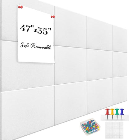 Large Office Cork Board Alternative - 47"x35"12 Pack Felt Wall Tiles Self-Adhesive Safe Removable No Damage for Wall Pin Board Tack Board Felt Cork Board for Walls or Office 48 x 36 White