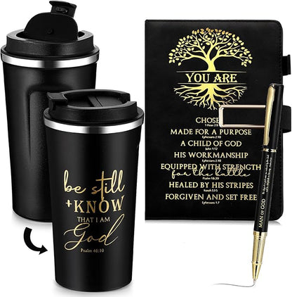 Pickmesh 3 Pcs Christian Gift for Men Man of God Gift Bible Verse A5 Leather Journal with Ballpoint Pen 17 oz Stainless Steel Tumbler Easter Gift Baskets for Father's Day Pastor Birthday Church(Black)