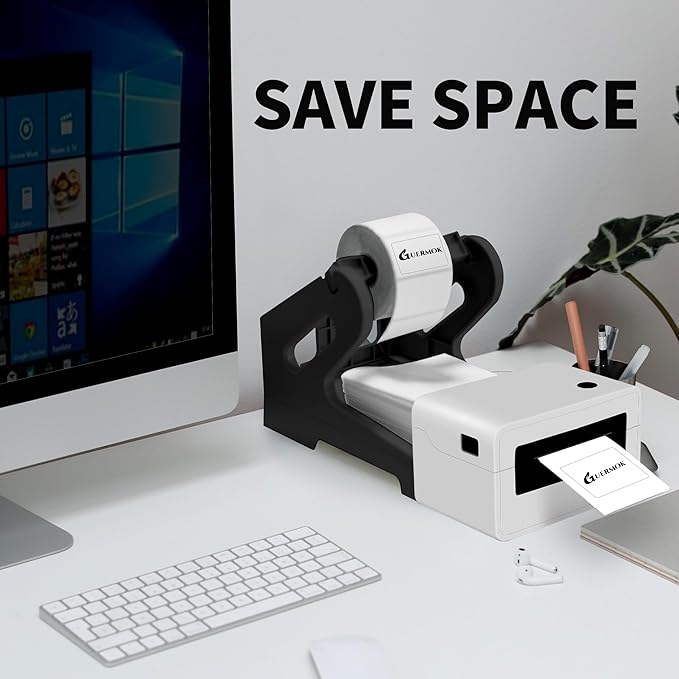 Guermok Thermal Shipping Label Holder for Rolls & Fan-Fold, Fragile Stickers for Shipping, Label Stand Desktop Printer Holder-Home Office Accessory-Sticker Dispenser for Holographic (Black)