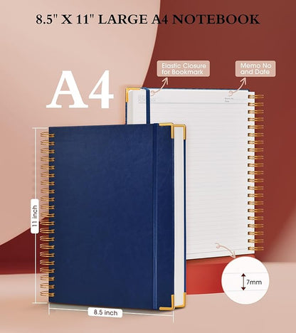 Spiral Notebook Journal 8.5” x 11”, 300 Pages Hardcover Leather Lined Journals for Women Men, A4 Large College Ruled Notebooks with 100 GSM Thick Paper, Spiral Journal for Writing Work School, Navy