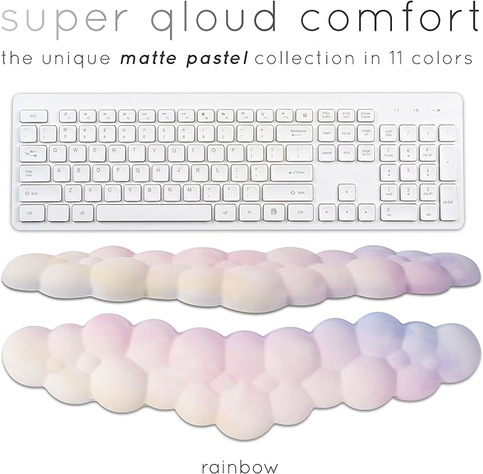 Qloud Cloud Wrist Rest Keyboard Wrist Rest for Computer Keyboard Pad, Cloud Keyboard Wrist Rest, Wrist Pad for Keyboard, Memory Foam, Non Slip Base, Comes with Mouse Pad - Rainbow