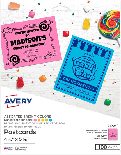 Avery Astrobrights Postcards, 4.25" x 5.5", Assorted Colors, 65 lbs / 176 gsm, Laser/Inkjet, 100 Cards (35704)